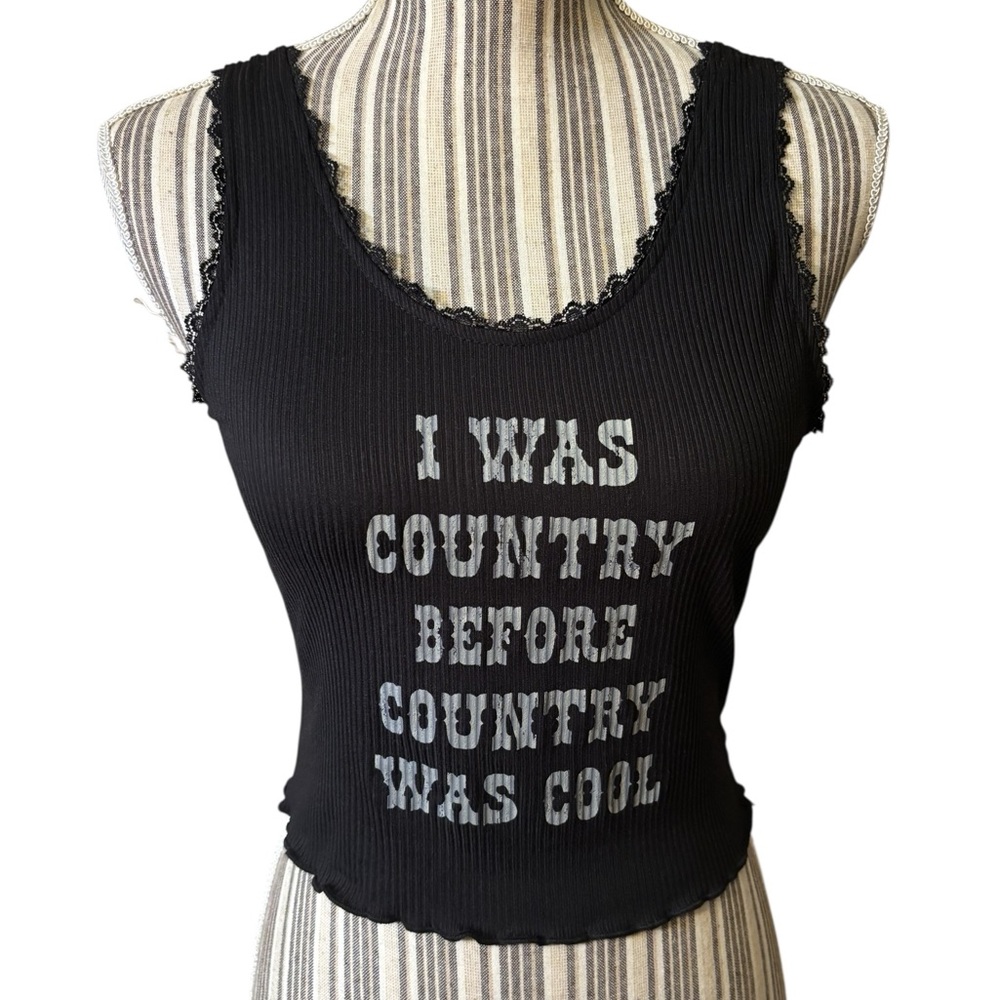 Altar'd State Crop Top M Black Ribbed Tank Silver Text “I Was Country” Lace Trim